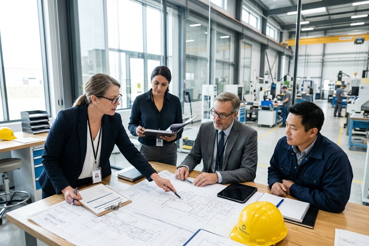 Industrial compliance auditor and engineering consultant reviewing blueprints