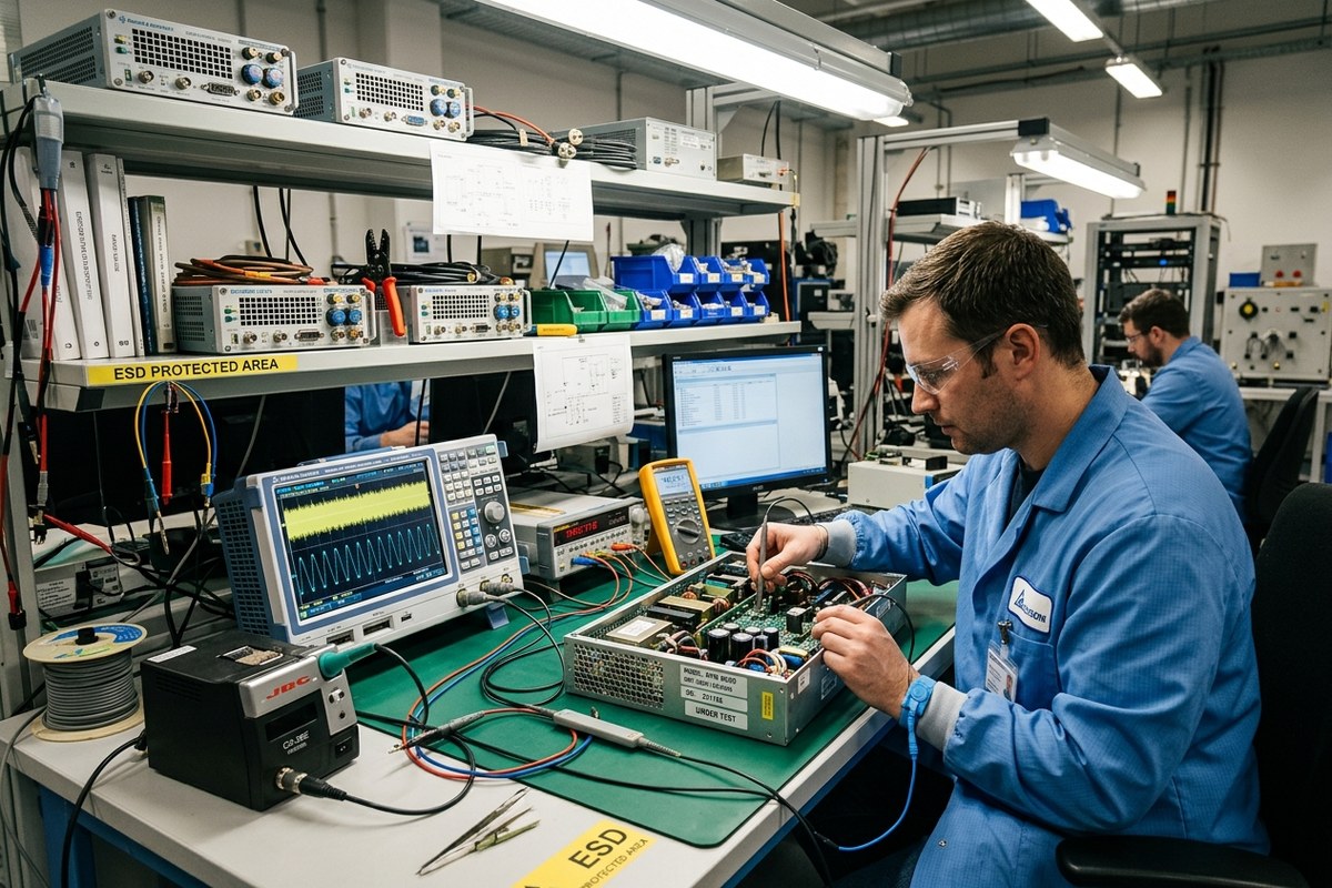 Component-level electronic diagnostic bench with oscilloscopes and power modules