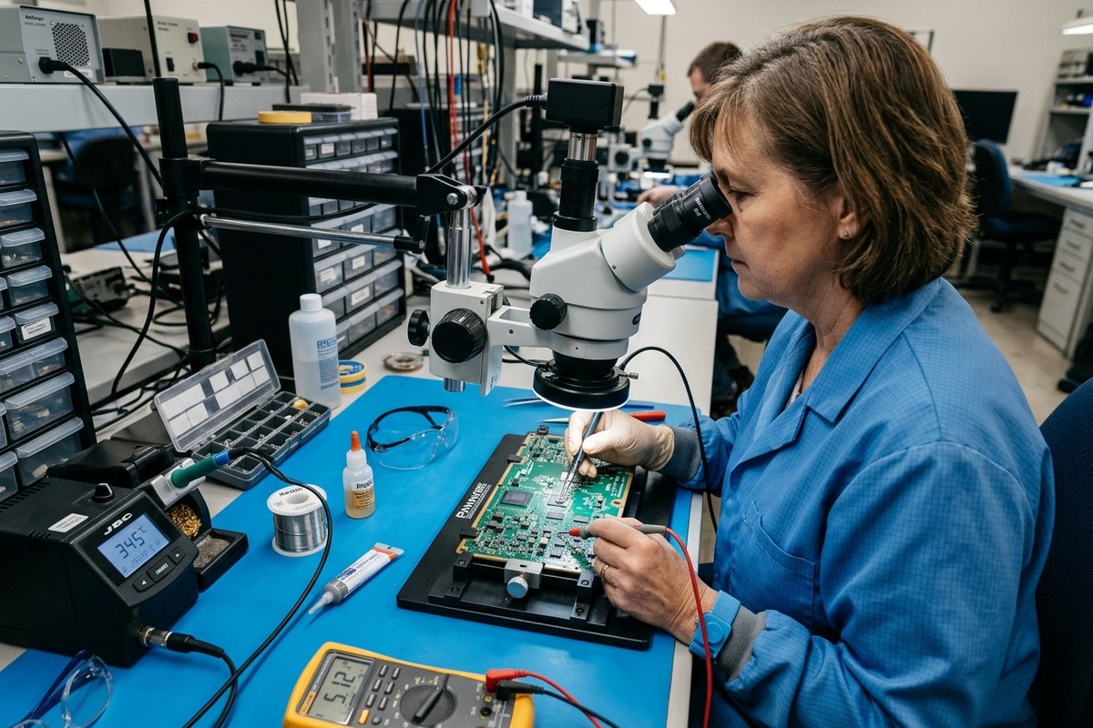 Electronics technician testing rectifier control cards on lab test bench