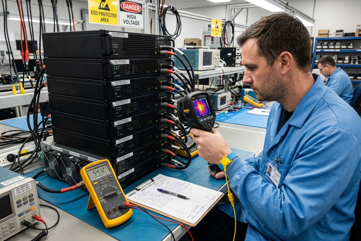 Quality verification and burn-in testing station in Yangon workshop